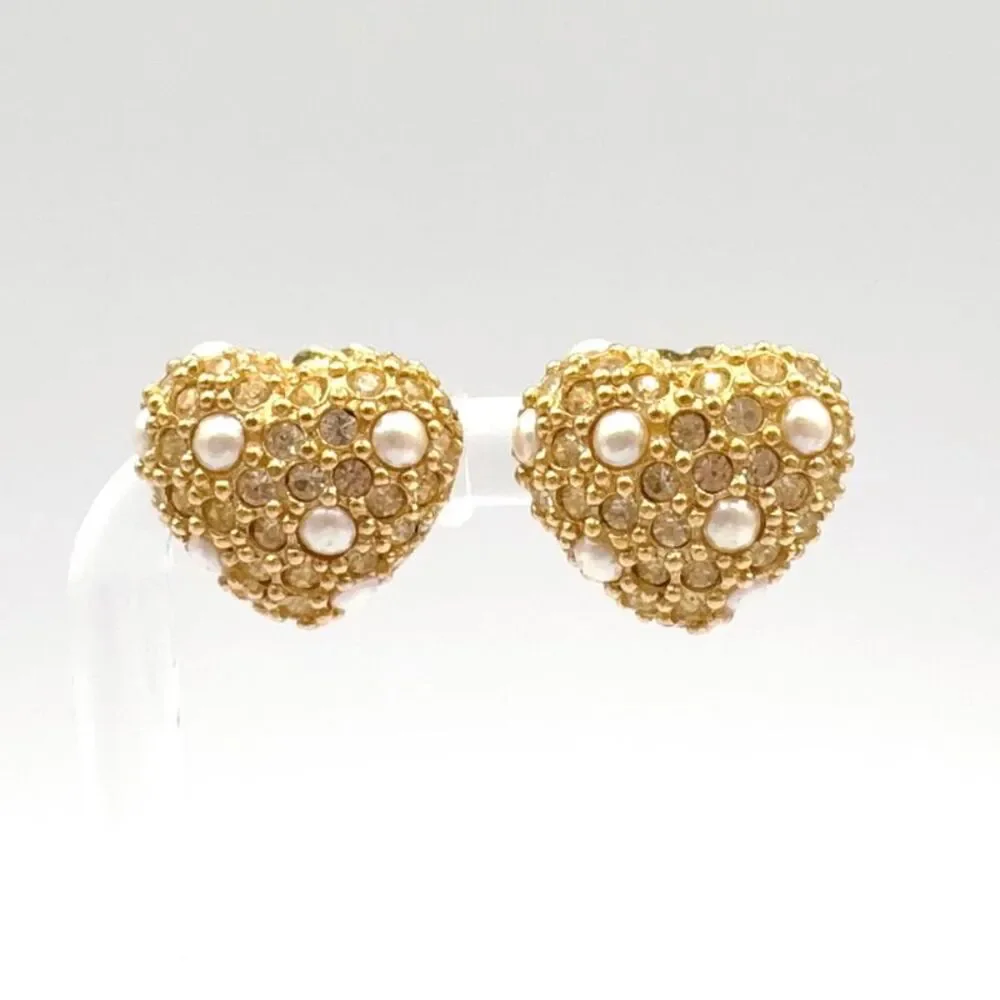 Dior Heart Motif Earrings Gold Faux Pearl